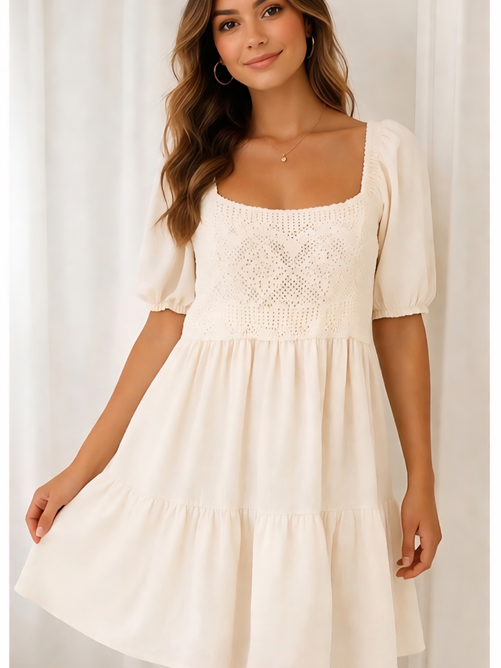 Cato White Crochet Bodice Puff Sleeve Mini Dress